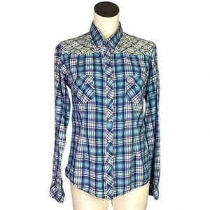 Panhandle Slim Western Shirt Top Women L Blue Plaid Snap Embroidery Long Sleeve